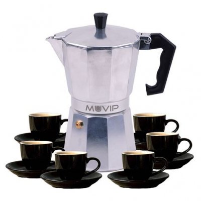 Muvip MV0604 Cafetera de Aluminio - Capacidad 6 Tazas - Mango de Baquelita Termoresistente Ergonomico - Apta para Placas Electricas, Vitroceramicas, Gas e Induccion - Color Aluminio