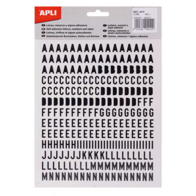 Apli Letras de Palo Mayusculas Adhesivas - Altura 10mm - Color Negro - Pack de 2 Hojas con 486 Letras