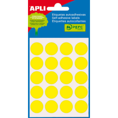 Apli Minibolsa de 100 Etiquetas Redondas Ø 19mm - 5 Hojas por 20 Etiquetas - Adhesivo Permanente - Aptas para Escritura con Lapiz, Boligrafo y Rotulador - Color Amarillo