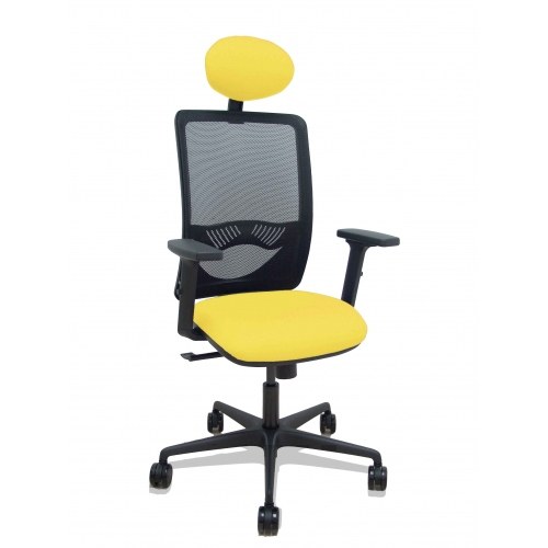 Silla Zulema sincro malla negra asiento bali amarillo brazos 2D ruedas 65mm cabecero