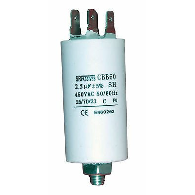 Condensador MOTOR 2,5uF 450Vac Faston + M8 Medidas 30x57mm
