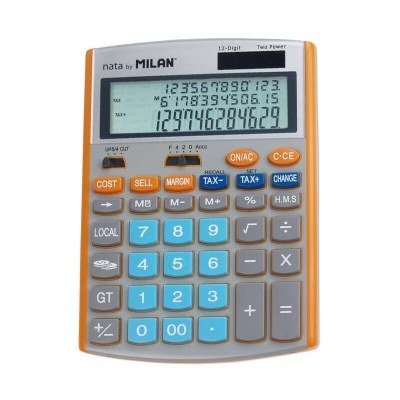 Milan Calculadora de 12 Digitos - Pantalla de 3 Lineas - 3 Teclas de Memoria - Calculo de Margenes - Funcion Impuestos, Tiempo y Conversor de Moneda - Color Gris y Naranja