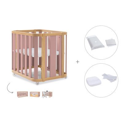 Minicuna-cuna (4en1) madera/rosa + textil cuna/minicuna Galaxy · Crea Plus Tre Quarzo Rosa