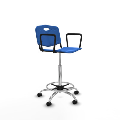 Taburete Robledo giratorio plástico azul brazos fijos base cromada ruedas nailon 50mm