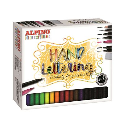 Alpino Color Experience Pack de 24 Rotuladores Hand Lettering + 1 Rotulador Punta Super Pincel, 1 Rotulador Punta Fina, 1 Rotulador Doble Punta, 1 Lapiz de Grafito y 1 Goma - Colores Surtidos