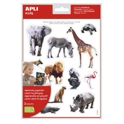 Apli Gomets Tematicos Realistas Animales Sabana - 24 Gomets - Adhesivo Removible - Desarrollados con Educadores - Ideal para Habilidades Motoras - Adhesivo Base Agua - Libre de Disolventes - Coloridos