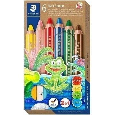 Staedtler Noris Junior Pack de 6 Lapices de Colores Extragruesos + Sacapuntas - 3 en 1, Lapiz, Cera y Acuarelable - Colores Surtidos