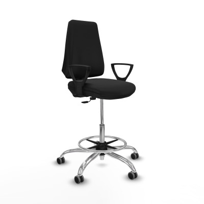 Taburete Elche CP similpiel negro brazos fijos base cromada ruedas 65mm engomadas
