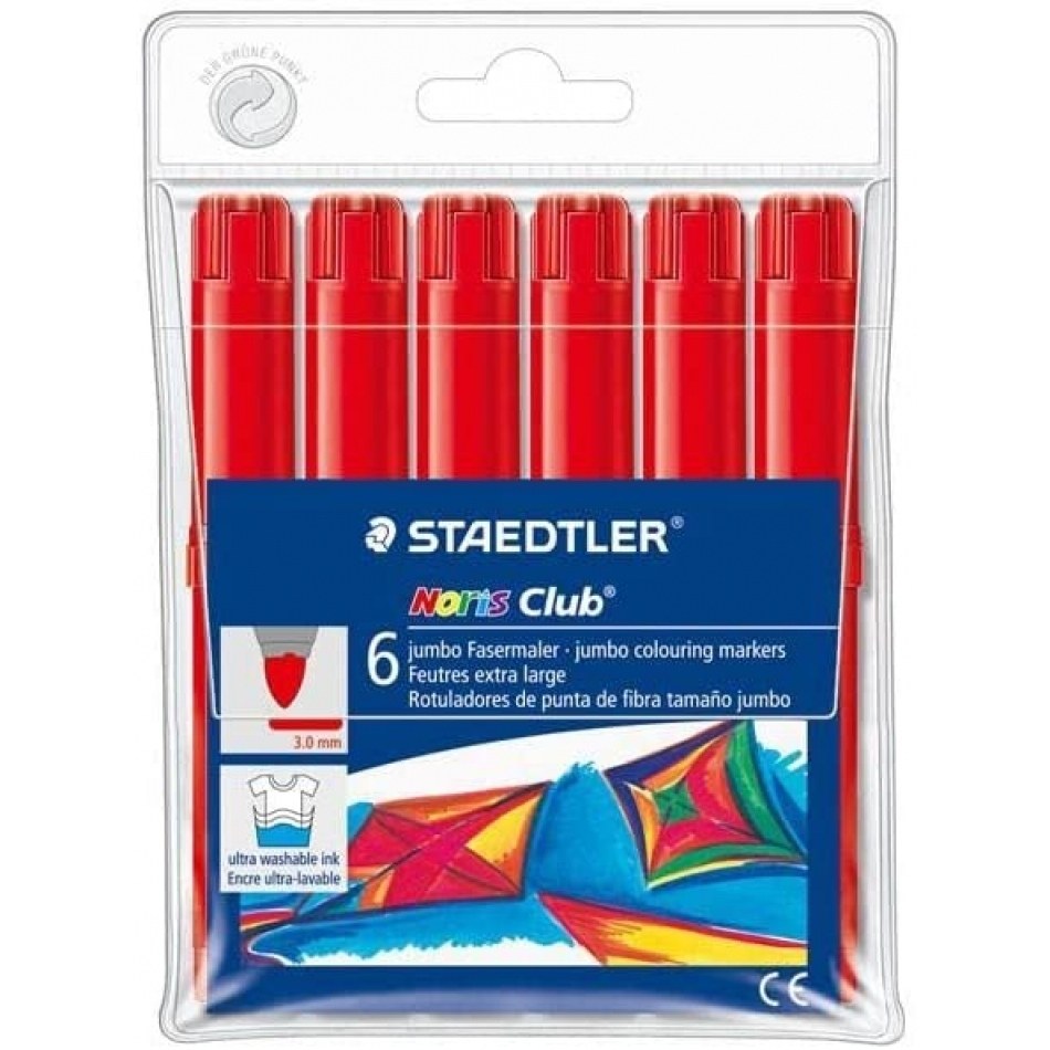 Staedtler Noris Watercolour 340 Pack de 6 Rotuladores de Gran Tamaño - Trazo 3mm Aprox - Lavable Facilmente - Tinta Base de Agua - Color Rojo