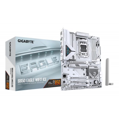 B850 EAGLE WIFI7 ICE Placa base - Procesadores AMD Ryzen serie 9000, VRM digital de 8+2+2 fases, hasta 8200 MHz DDR5 (O.C.), 1x M.2 PCIe 5.0 + 2x M.2 PCIe 4.0, Wi-Fi 7, LAN 2.5 GbE, USB 3.2 Gen 2