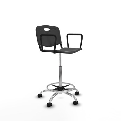 Taburete Robledo giratorio plástico negro brazos fijos base cromada ruedas nailon 50mm