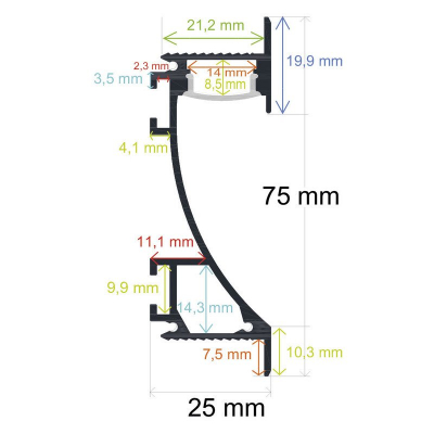 Perfil LED Opal Pared Rodapie 75x25mm 2m