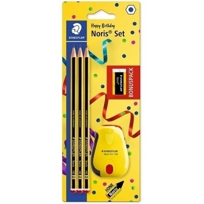 Staedtler Noris 120 Pack de 3 Lapices de Grafito Hexagonales + Goma de Borrar + Sacapuntas - Mina HB Ultrarresistente de 2mm - Madera de Bosques Sostenibles