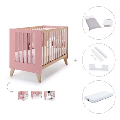 Cuna-cama colecho (4en1) 60x120 cm madera/rosa + colchón + textil Carezza · Nexor