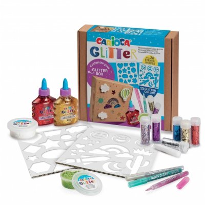 Carioca Glitter Creator Pack de 13 Productos Glitter y 26 Plantillas - 2 Botellitas de Glitter Glue - 2 Botes de Pasta de Modelar Elastica Glitter Clay - 3 Rotuladores Glitter - 6 Purpurinas Glitter D