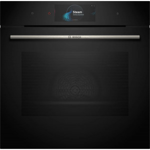 Horno con vapor pirolítico Bosch HRG7784B1, Serie 8, 71 litros, 22 funciones, limpieza con agua, vapor añadido, AirFry, Home Connect, clase A+, negro