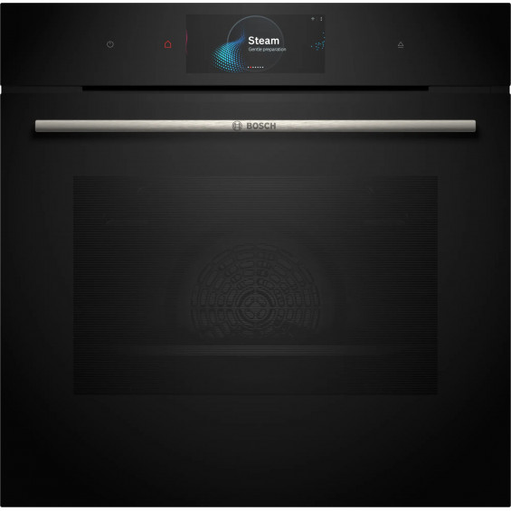 Horno con vapor pirolítico Bosch HRG7784B1, Serie 8, 71 litros, 22 funciones, limpieza con agua, vapor añadido, AirFry, Home Connect, clase A+, negro