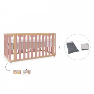 Cuna-cama 70x140 cm madera/rosa (3en1) + textil Stone Grey · Crea Plus Due Quarzo Rosa