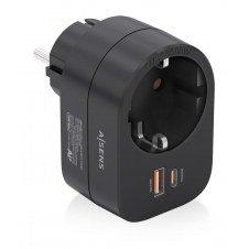 AISENS Regleta De Pared Multifuncion Con 1 Toma + 1xUSB-C 20W PD3.0, 1xUSB-A 20W QC3.0, Negro