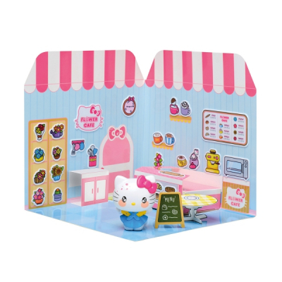 Comansi Sticker House Hello Kitty Flower Cafe - Incluye Figura - Stickers Lavables - Escenario Adorable - Juego Creativo