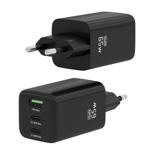 AISENS - CARGADOR GaN 65W, 2xUSB-C PD3.0 QC4.0, 1xUSB-A QC3.0, NEGRO