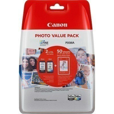 Canon PG545XL Negro + CL546XL Color Pack de Cartuchos de Tinta Originales - 50 Hojas de Papel Fotografico - 8286B006