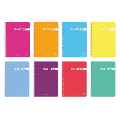 CUADERNO SERIE PLASTIPAC 90 GRS. TAPA POLIPROPILENO FOLIO (215X310MM.) 80 HOJAS HORIZONTAL CON MARGEN 8 COLORES SURTIDOS PACSA 16407