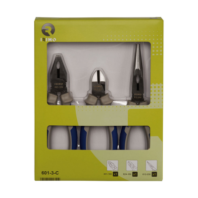 Alicates (universal 180 mm, cortante 160 mm, semirredondo 200 mm), 3 piezas