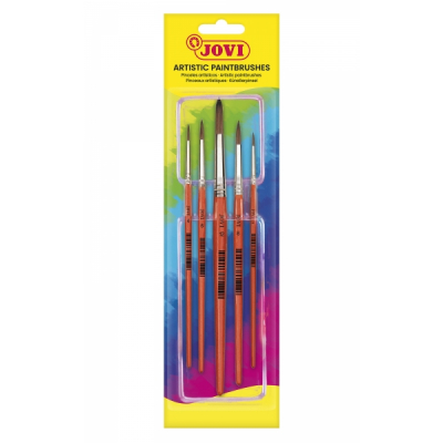 Jovi Artistic Paintbrushes Blister con 5 Pinceles Redondos - Pelo Natural - Mango de Madera - Calibre 00 al 12 - Punta Redonda - Pelo Suave - Color Varios