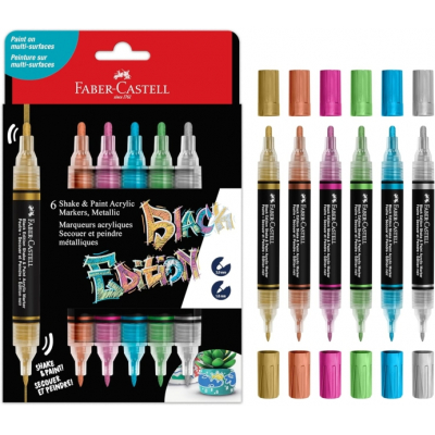 Faber-Castell Shake & Paint Black Edition Pack de 6 Rotuladores Acrilicos Doble Punta - Puntas Redondas de 1mm y 3mm - Tinta Acrilica al Agua - Colores Metalicos Surtidos