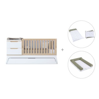 Cuna convertible blanco/madera 70x140 cm con cama nido + textil Espuma do mar · Zen K460