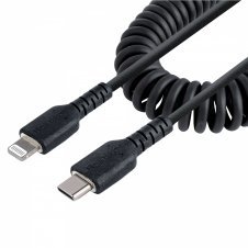StarTech.com Cable de 50cm USB-C a Lightning MFi, Cable USB Tipo C Rizado de Carga Negro para iPhone, con Recubrimiento de TPE, Núcleo de Fibra de Ar