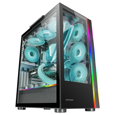 Mars Gaming MC-ULT, Caja Gaming Custom XXL E-ATX, Doble Cristal Templado 90º Sin Marco + Puerta Lateral, Soporte Completo Refrigeración Líquida, Torre PC con Diseño de Cámara Dual Vertical, Negro