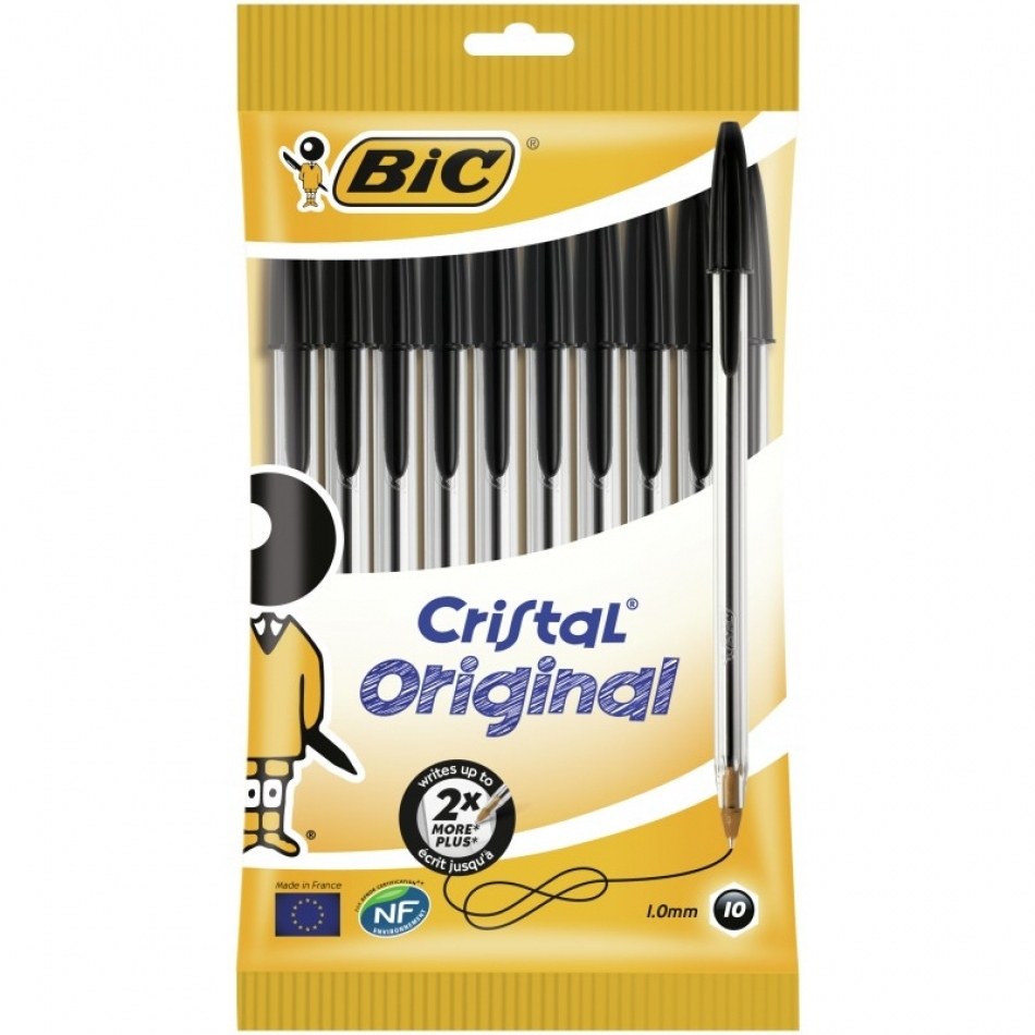 Bic Cristal Original Pack de 10 Boligrafos de Bola - Punta Redonda de 1.0mm - Trazo 0.4mm - Tinta con Base de Aceite - Color Negro