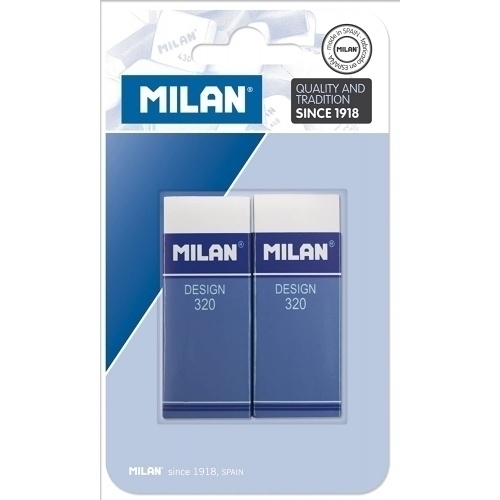 Milan Nata 320 Pack de 2 Gomas de Borrar Rectangulares - Plastico - Faja de Carton Azul - Todo tipo de Superficies - Color Blanco