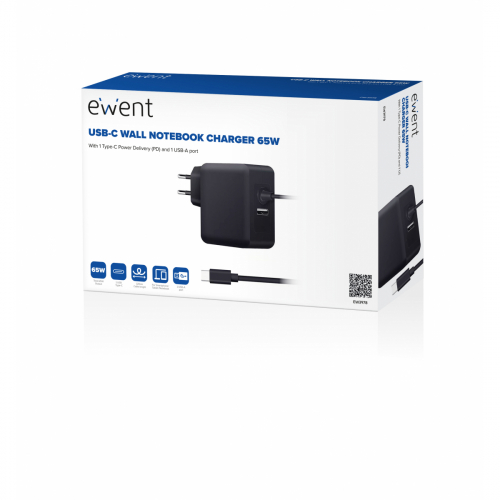 Ewent EW3978 Cargador de pared USB tipo C con PD (Power Delivery) de 65 W con puerto USB-A adicional