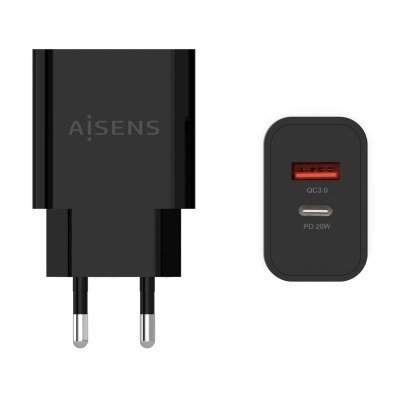 AISENS - CARGADOR 20W, 1xUSB-C PD3.0, 1xUSB-A QC3.0, NEGRO