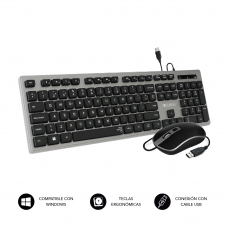 SUBBLIM Teclado y raton ergonomico cable usb negro gris