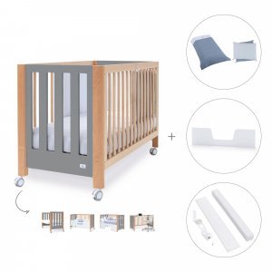 Cuna-escritorio madera/antracita (5en1) 60x120 cm + textil Alba Blu · Occa