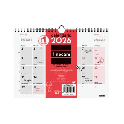 Finocam Calendario de Pared - Anual 2026 - 210x5x160mm - Espacio para Escribir - Color Blanco y Rojo
