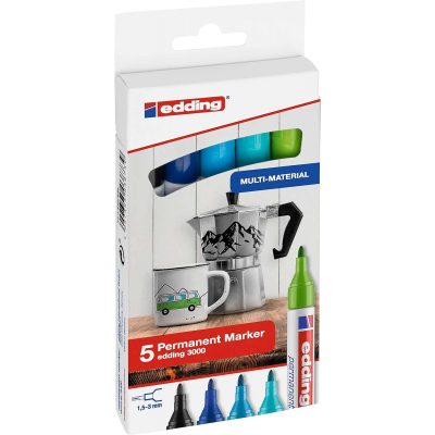Edding 3000 Pack de 5 Rotuladores Permanentes Colores Frios - Punta Redonda de 1.5mm - Trazo entre 1.5 y 3mm - Recargable - Secado Rapido - Colores Surtidos