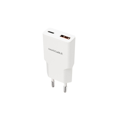 Nanocable Cargador de Pared USB-C/PD + USB-A/QC 20W - Color Blanco