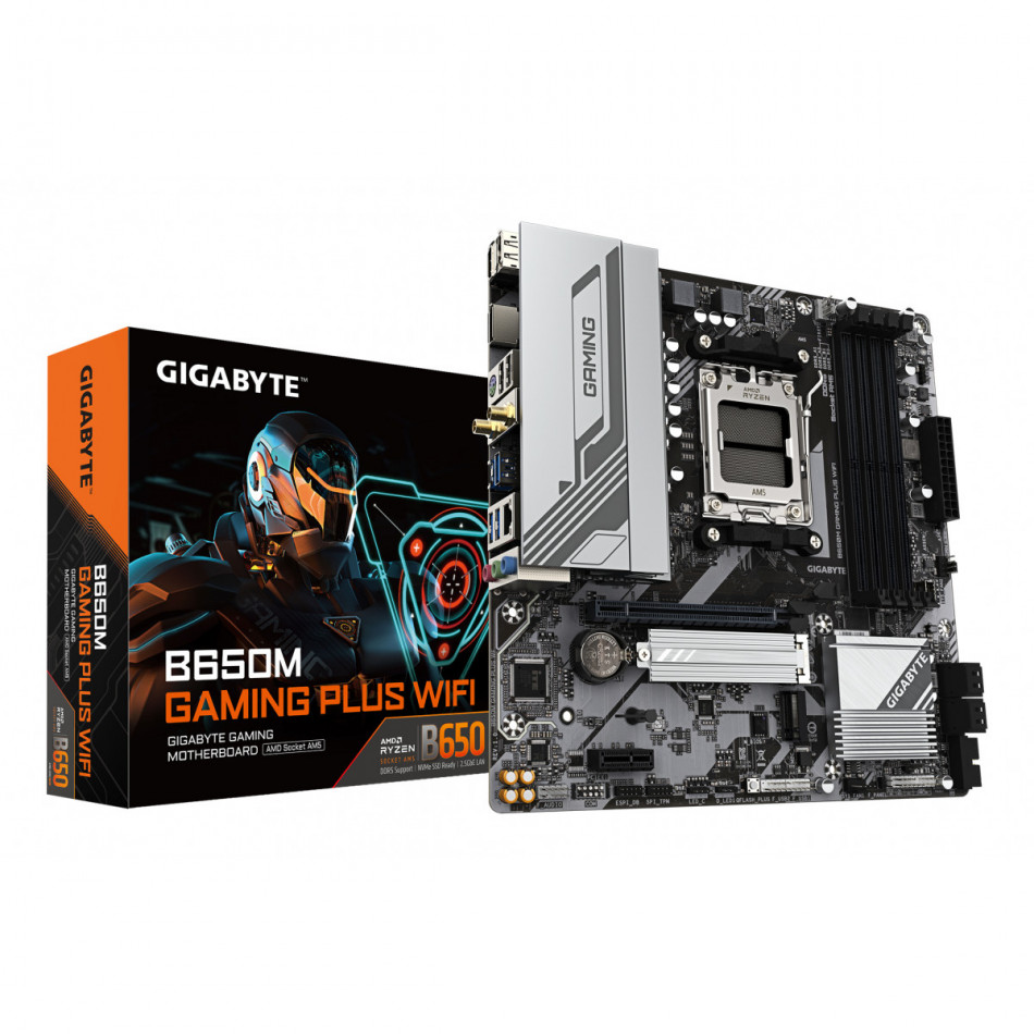 GIGABYTE B650M GAMING PLUS WIFI Placa base - Procesadores AMD Ryzen 9000, VRM de 5+2+2 fases, hasta 8000 MHz DDR5, 2xPCIe 4.0 M.2, LAN 2.5GbE, WIFI 6E, USB 3.2 Gen 1
