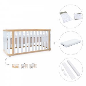 Cuna-cama colecho 70x140 cm madera/blanca (4en1) + colchón + textil Espuma do mar · Crea Plus Due Life
