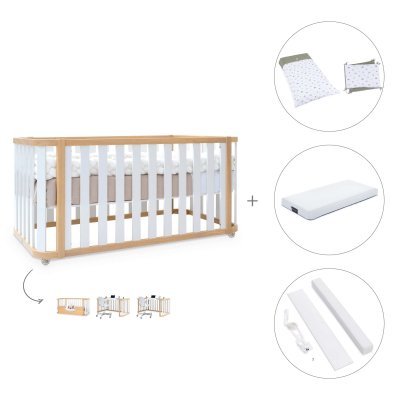 Cuna-cama colecho 70x140 cm madera/blanca (4en1) + colchón + textil Espuma do mar · Crea Plus Due Life