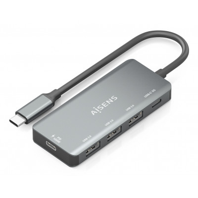 AISENS - HUB USB 3.1 USB-C, USB-C/M-1xUSB-C PD 100W+1xUSB-C USB3.0/H+3xUSB-A USB2.0/H, GRIS, 15cm