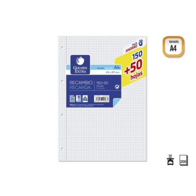 Golden Extra Recambio de 200 Hojas 90gr Cuadricula 4x4 - Formato A4 - 4 Taladros