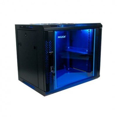 Armario rack mural phasak 9u incluye cerradura 2109 - 600x450 negro ventilacion + iluminacion