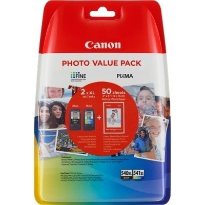 Canon PG540XL Negro + CL541XL Color Pack de 2 Cartuchos de Tinta Originales - 50 Hojas de Papel Fotografico - 5222B014