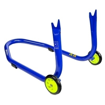 Caballete trasero Bihr con soportes en V para diábolos. Color azul y ruedas amarillas. PT89918